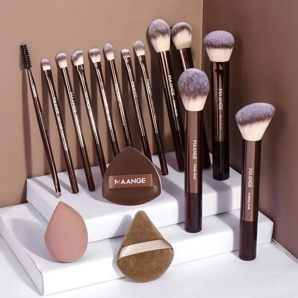 Maange 16 Pieces Coffee Makeup Brushes Travel Set For Cosmetics Blending